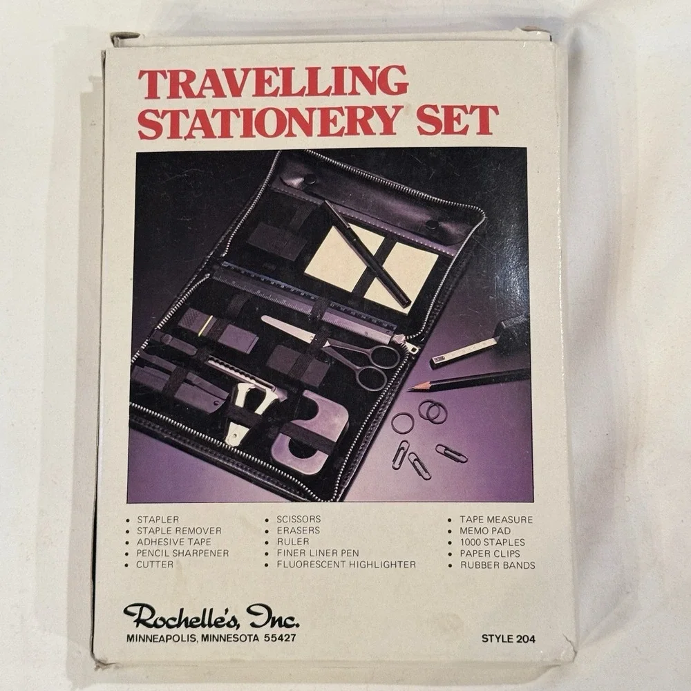 New In Box Vintage Traveling Stationary Set Desk Set  Zippered Case Stapler Pen